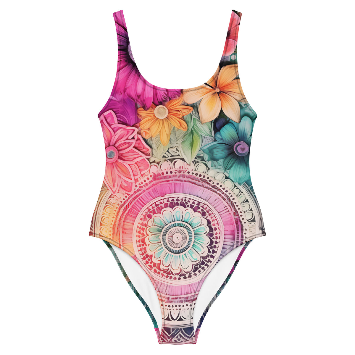 Vibrant Floral Mandala Print Sculpting One-Piece Swimsuit Bohemian Luxury Resort Swimwear