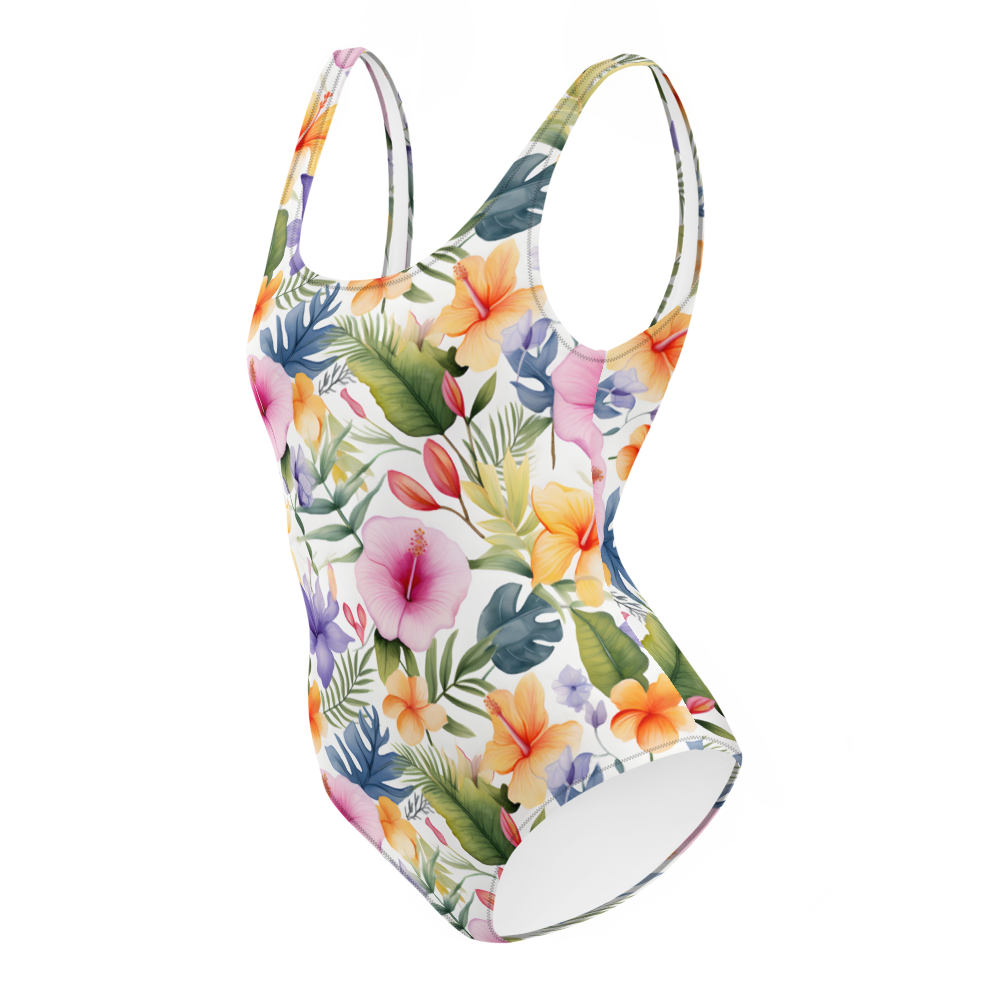 Tropical floral one-piece swimsuit with vibrant colors, flattering fit, and elegant design, perfect for beach and summer vacations.