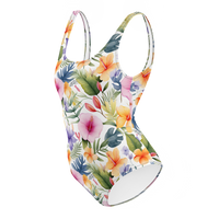 Women's tropical botanical swimsuit featuring hibiscus flowers, colorful blooms, and elegant watercolor artwork