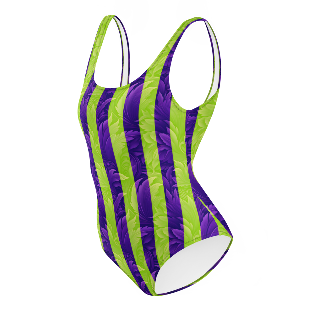 One-piece swimsuit with vibrant purple and neon green textured stripes, sculpting the silhouette with a striking, high-energy summer look.