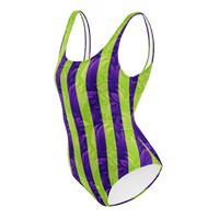 Women's one-piece swimsuit with vibrant purple and neon green vertical striped print and textured abstract design