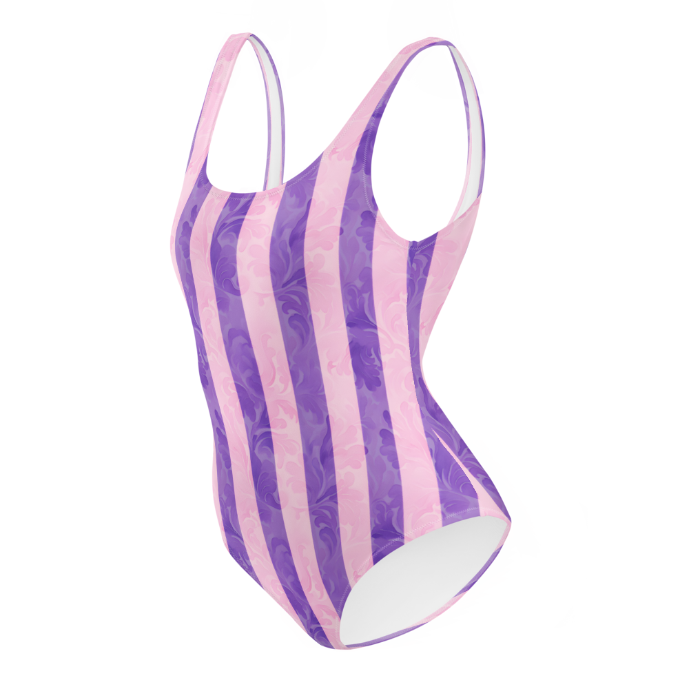 Elegant one-piece swimsuit with vertical purple and lavender stripes, textured details, flattering fit, perfect for stylish summer days.