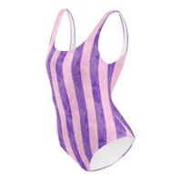 Women's purple striped one-piece swimsuit with lavender vertical stripes and textured ornamental pattern