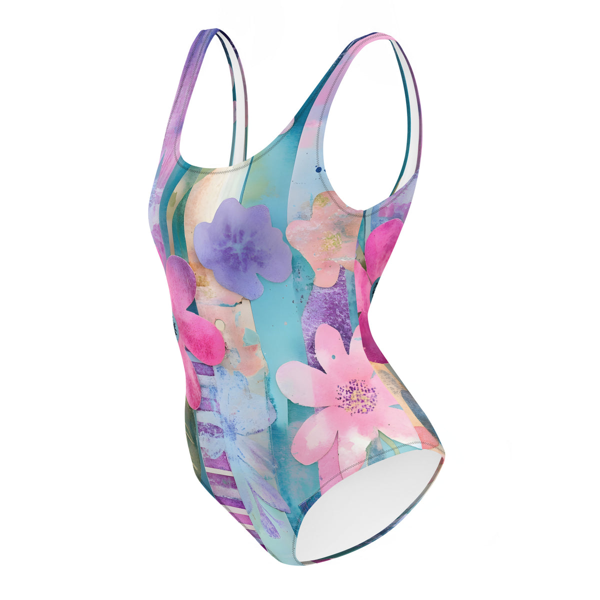 Colorful one-piece swimsuit featuring aqua blue, pink, lavender, and pastel floral watercolor print for beach and resort wear
