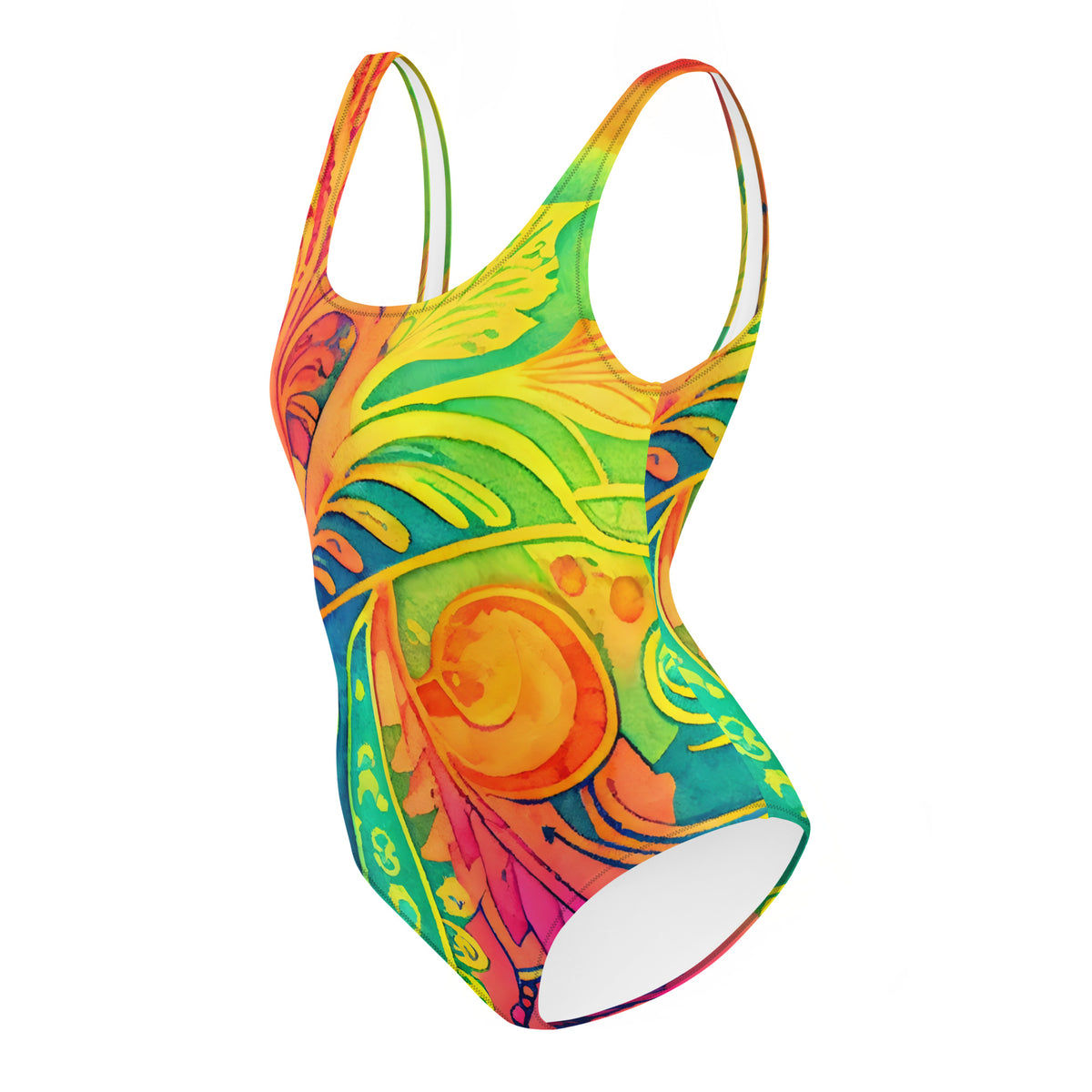 Hippie Abstract One-Piece Swimsuit with Vibrant Psychedelic Watercolor Art Print