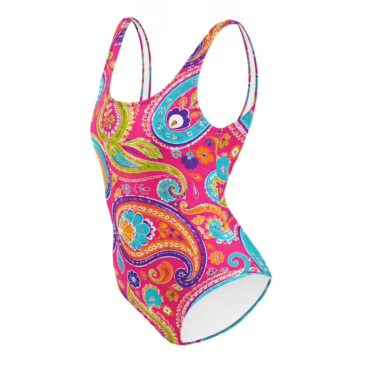 Boho Paisley One-Piece Swimsuit with Vibrant Floral Mandala Print on Pink Background