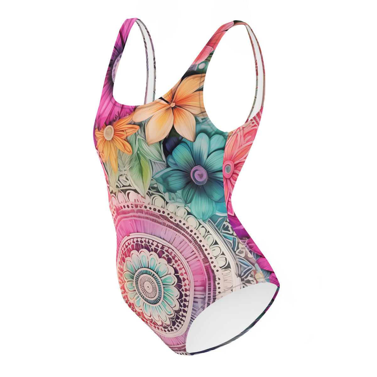 Vibrant Floral Mandala Print Sculpting One-Piece Swimsuit Bohemian Luxury Resort Swimwear