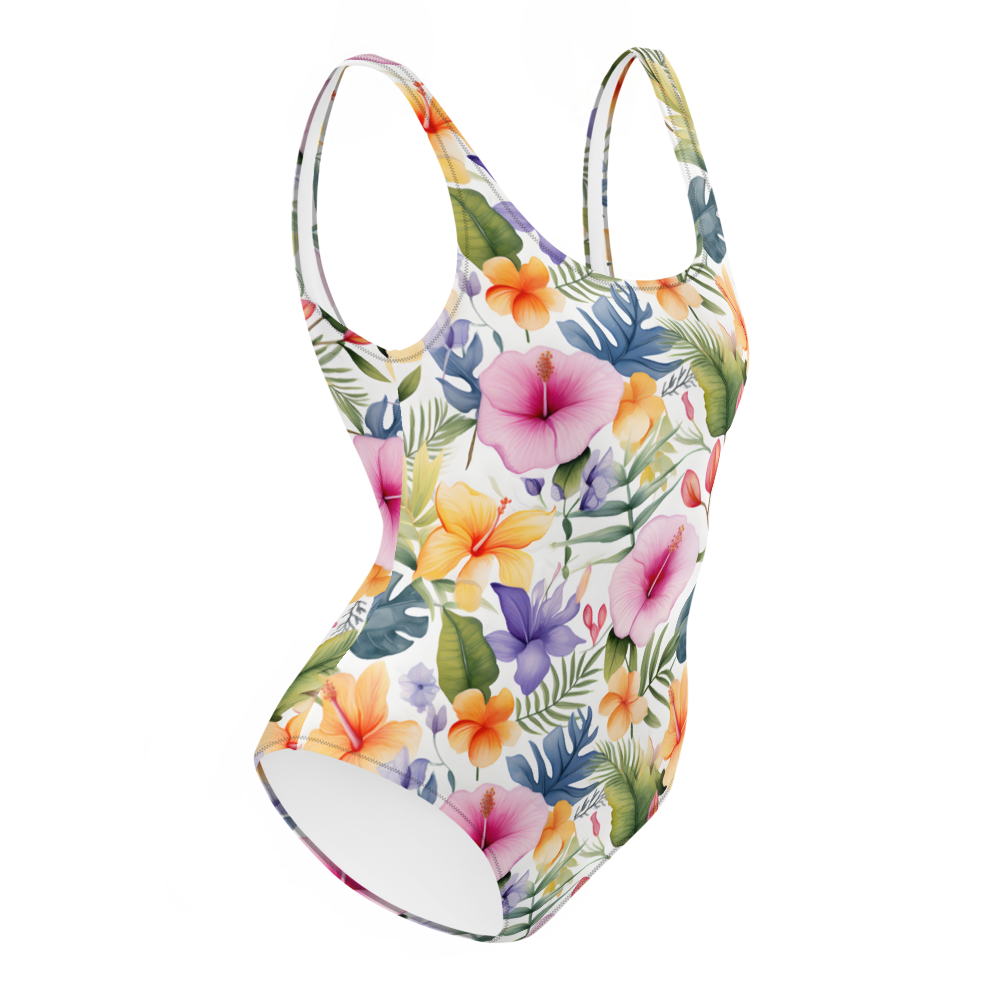 Tropical floral one-piece swimsuit with vibrant colors, flattering fit, and elegant design, perfect for beach and summer vacations.