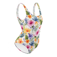 Women's tropical botanical swimsuit featuring hibiscus flowers, colorful blooms, and elegant watercolor artwork