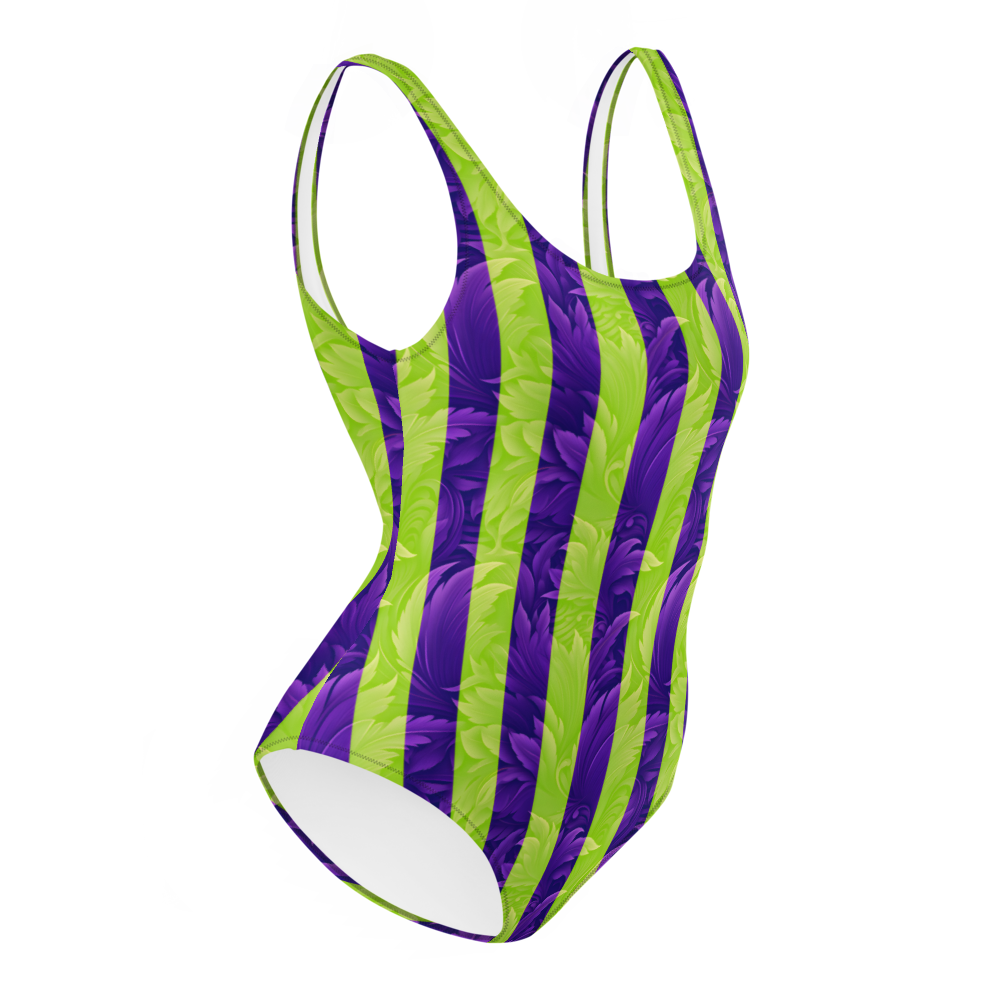 One-piece swimsuit with vibrant purple and neon green textured stripes, sculpting the silhouette with a striking, high-energy summer look.