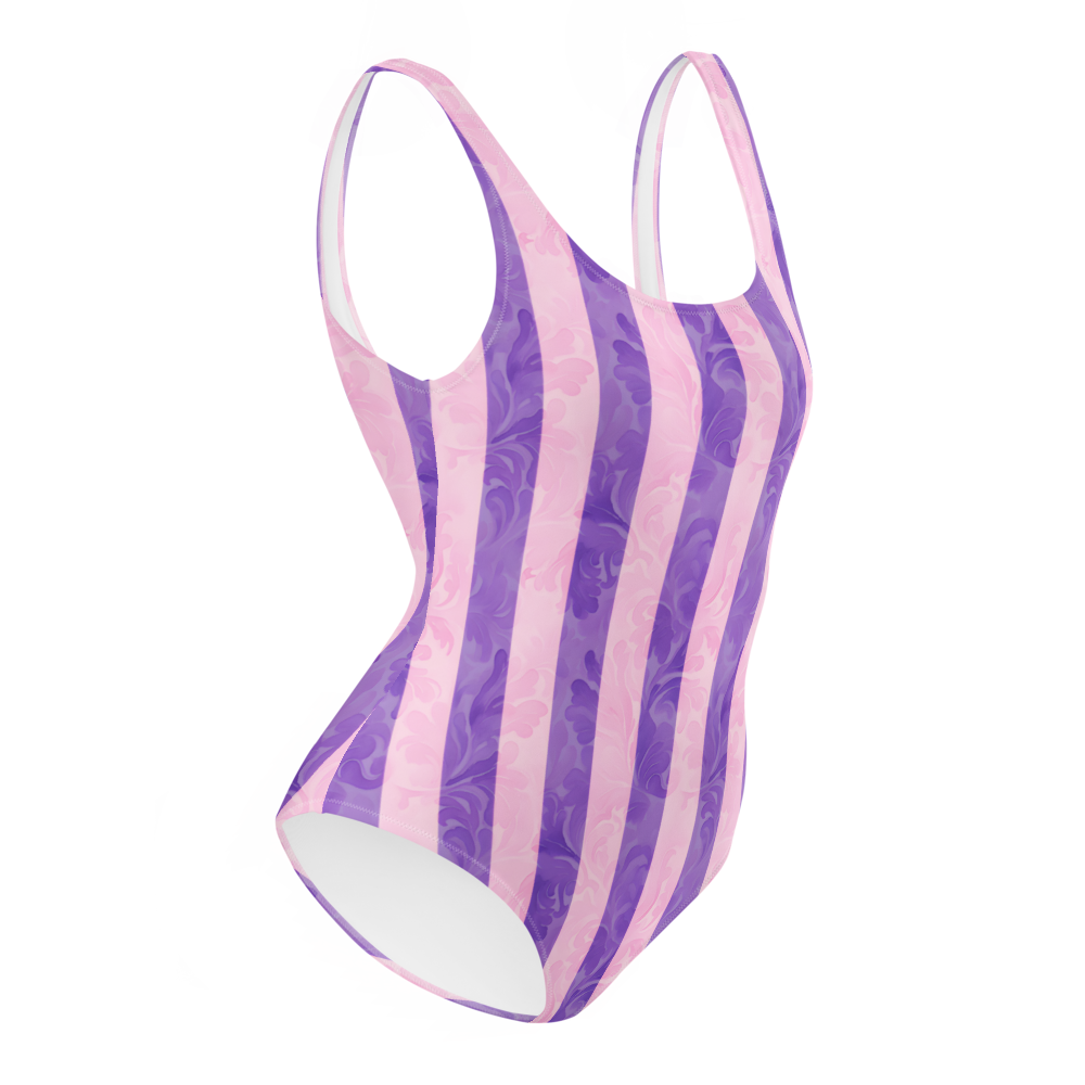 Elegant one-piece swimsuit with vertical purple and lavender stripes, textured details, flattering fit, perfect for stylish summer days.