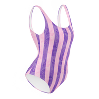 Women's purple striped one-piece swimsuit with lavender vertical stripes and textured ornamental pattern