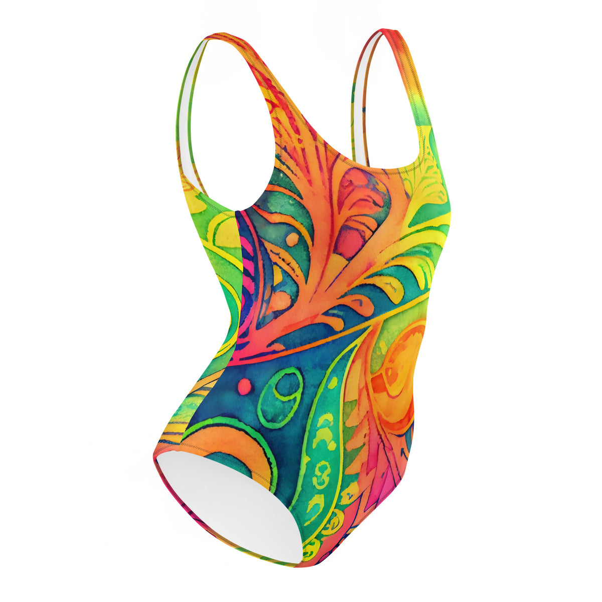 Hippie Abstract One-Piece Swimsuit with Vibrant Psychedelic Watercolor Art Print