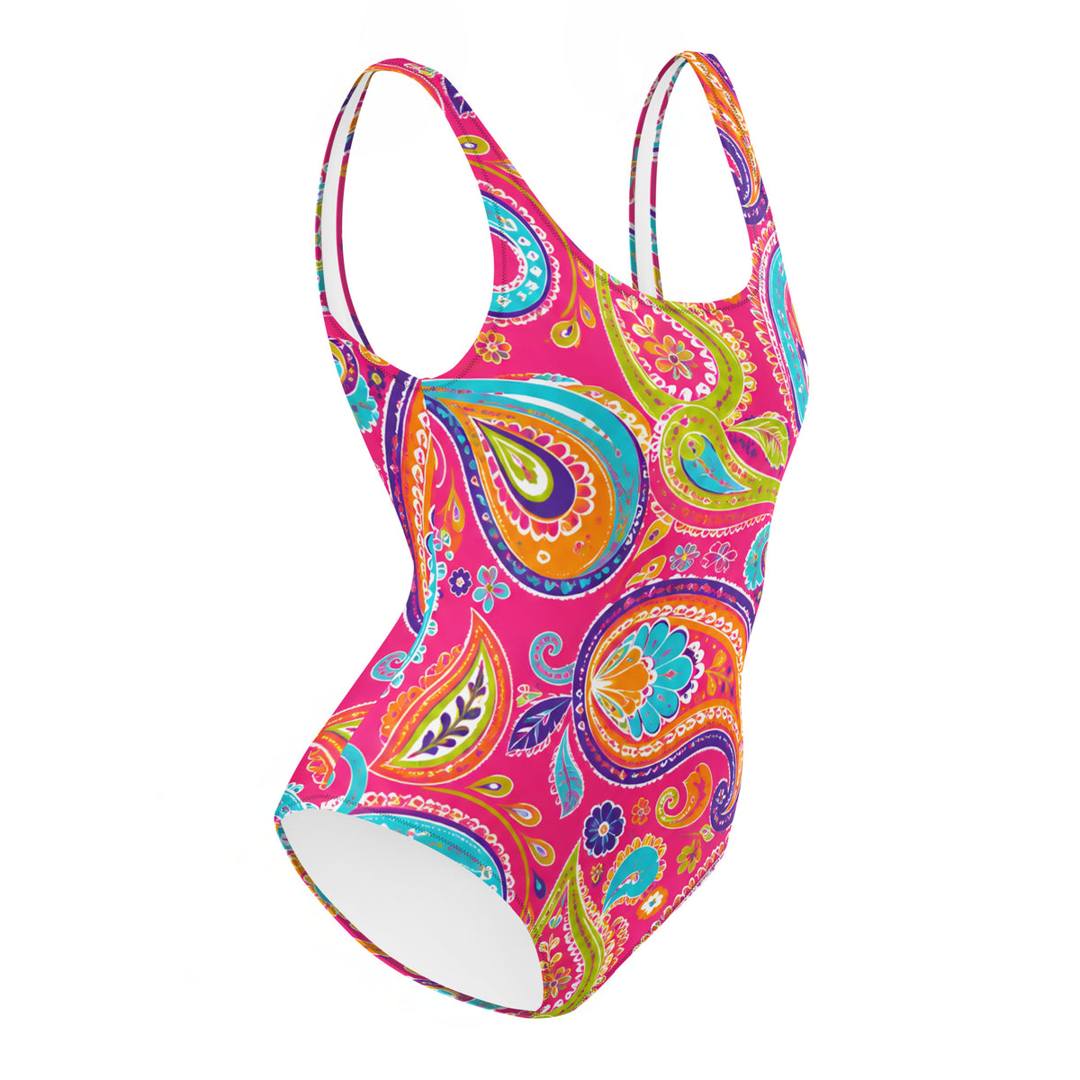 Boho Paisley One-Piece Swimsuit with Vibrant Floral Mandala Print on Pink Background