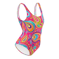 Boho Paisley One-Piece Swimsuit with Vibrant Floral Mandala Print on Pink Background