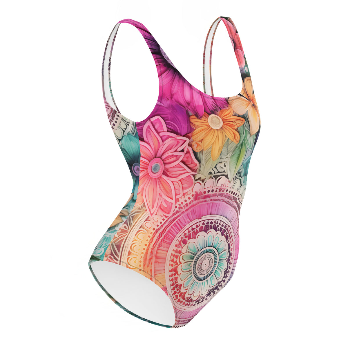Vibrant Floral Mandala Print Sculpting One-Piece Swimsuit Bohemian Luxury Resort Swimwear