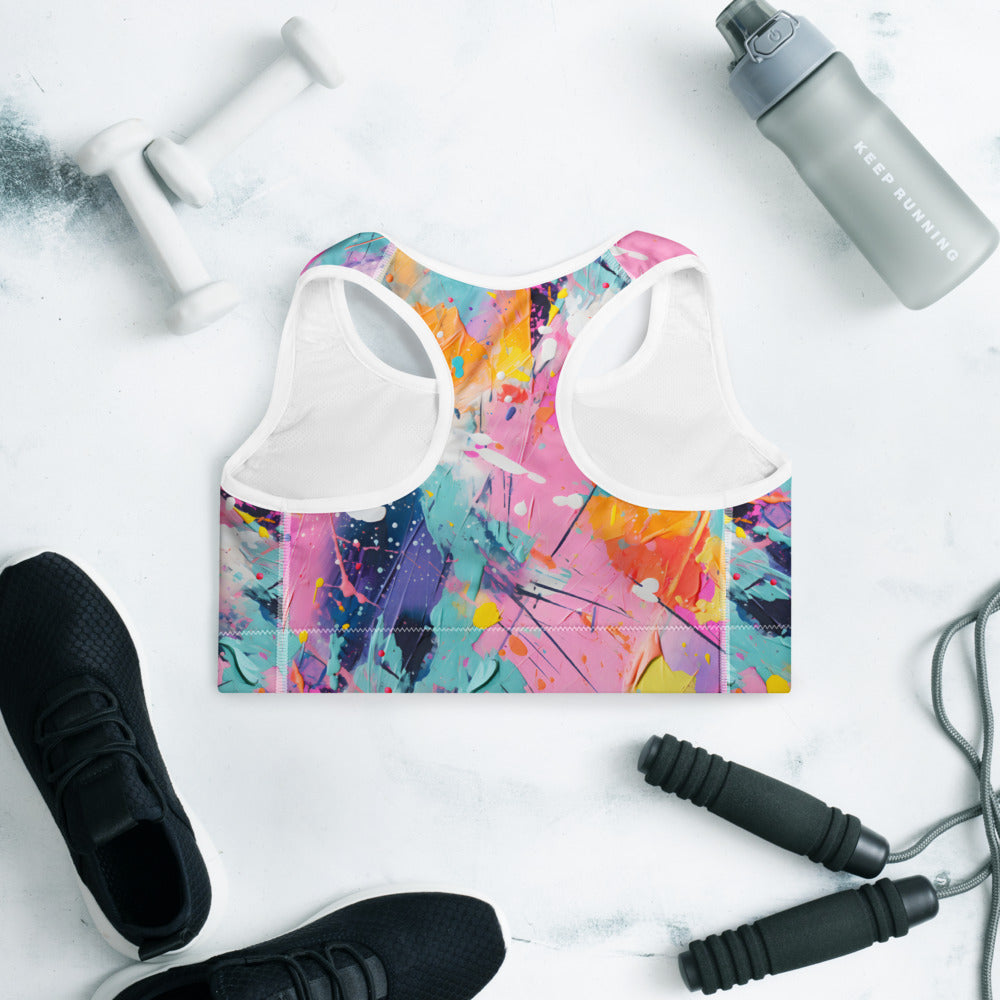 Vivid Paint Splatter Sports Bra – Bold street-art design with vibrant splashes | Moisture-Wicking Fabric | Padded Sports Bra