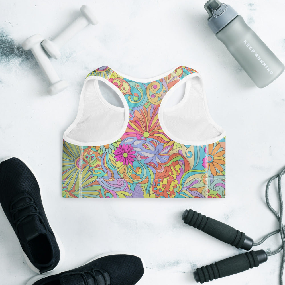 Vibrant Retro Floral Sports Bra – Psychedelic Flower Pattern Sports Bra | Moisture-Wicking Fabric | Padded Sports Bra