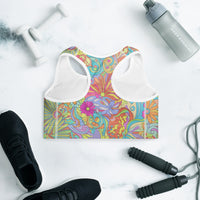 Women's retro inspired floral padded sports bra with colorful psychedelic flower print in turquoise, coral, lavender, and yellow