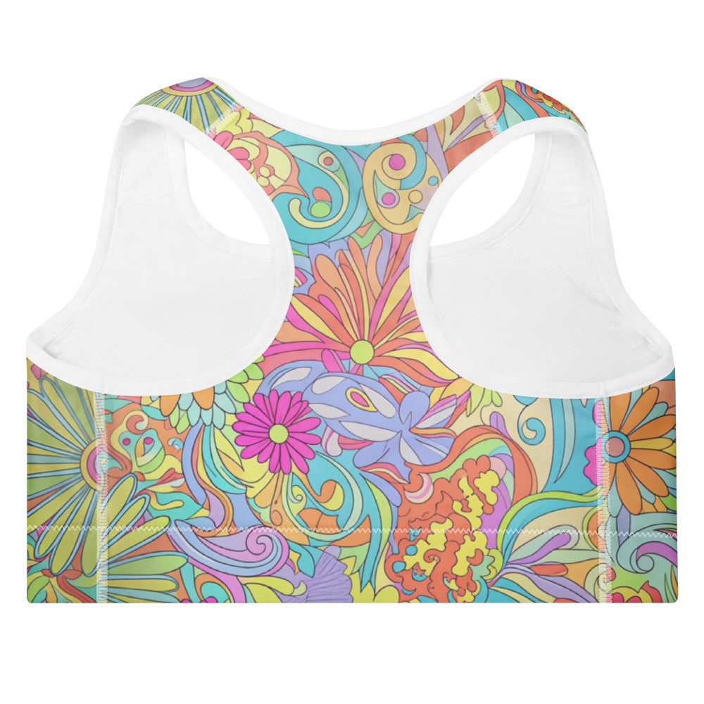 Vibrant Retro Floral Sports Bra – Psychedelic Flower Pattern Sports Bra | Moisture-Wicking Fabric | Padded Sports Bra