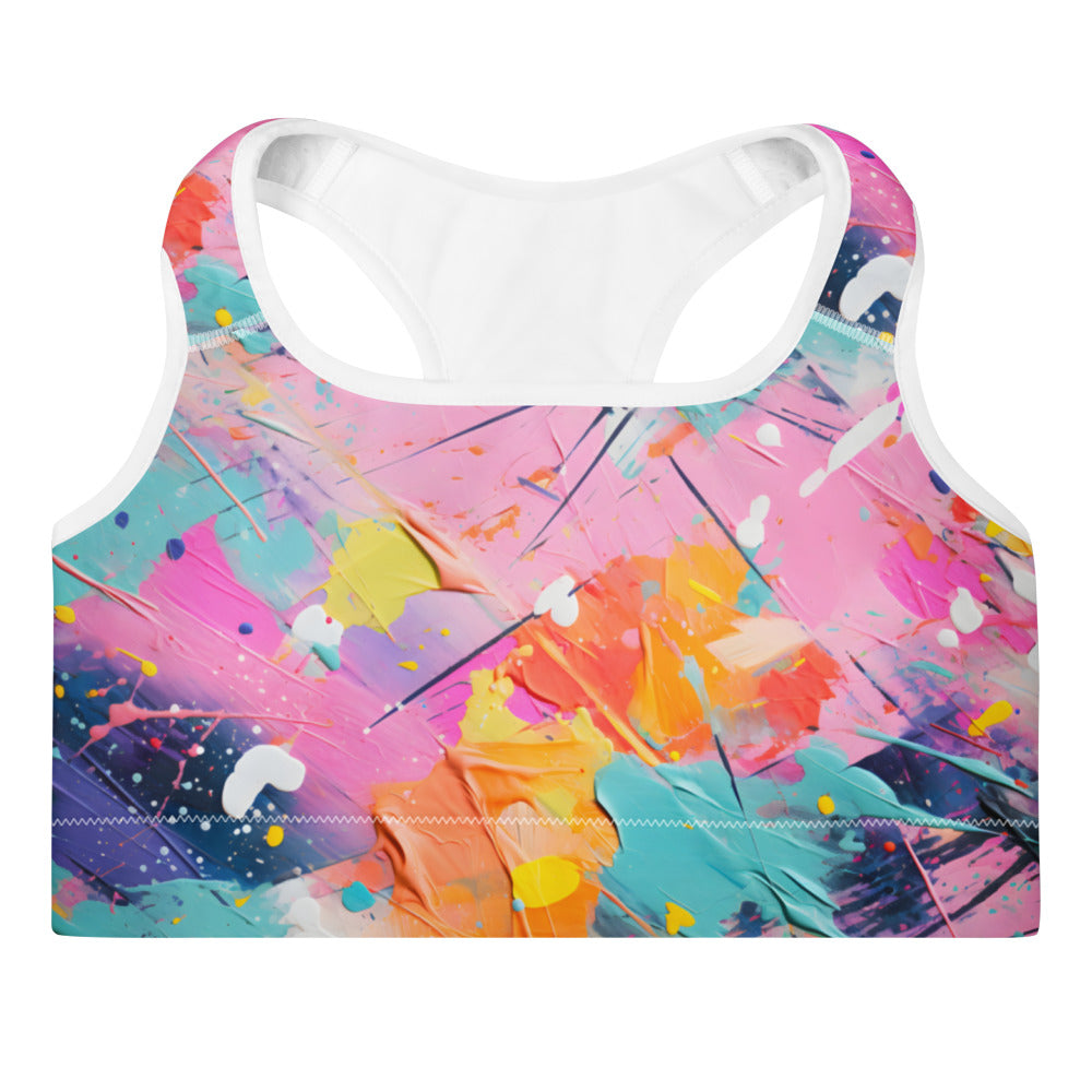 Vivid Paint Splatter Sports Bra – Bold street-art design with vibrant splashes | Moisture-Wicking Fabric | Padded Sports Bra