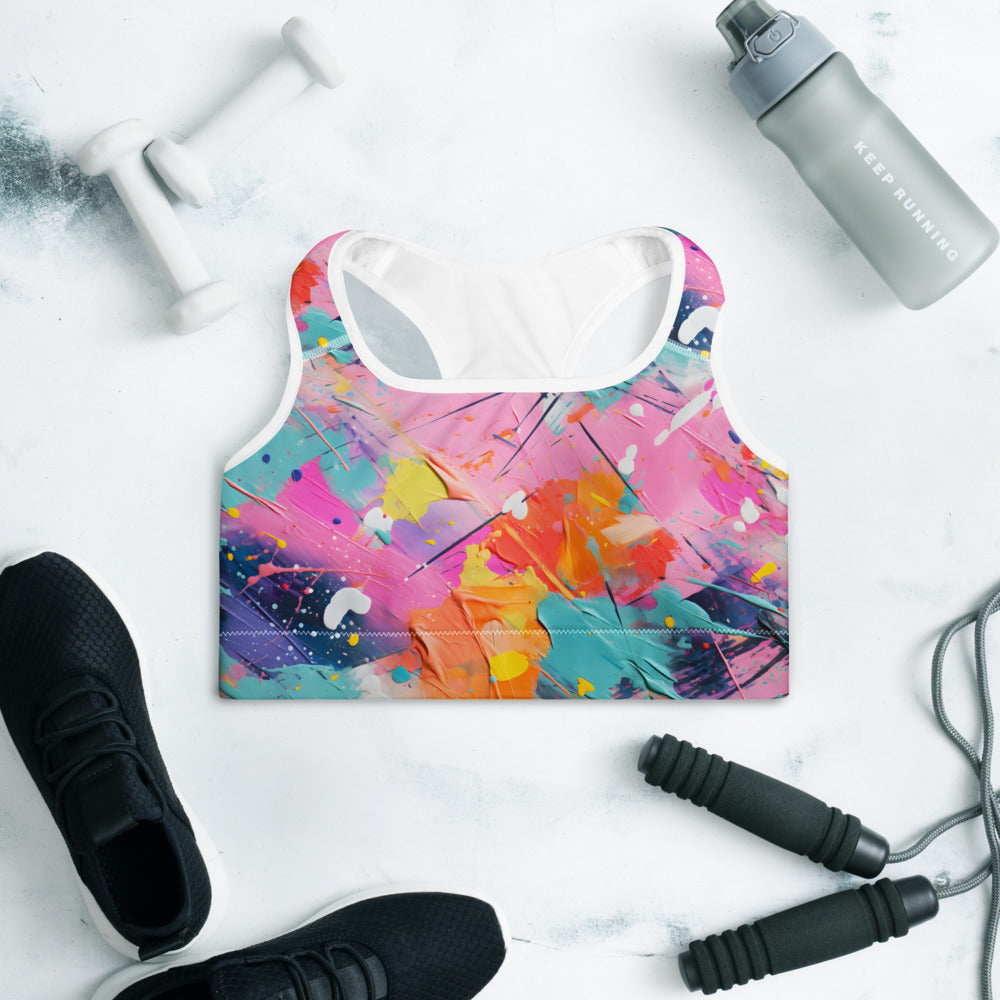 Vivid Paint Splatter Sports Bra – Bold street-art design with vibrant splashes | Moisture-Wicking Fabric | Padded Sports Bra