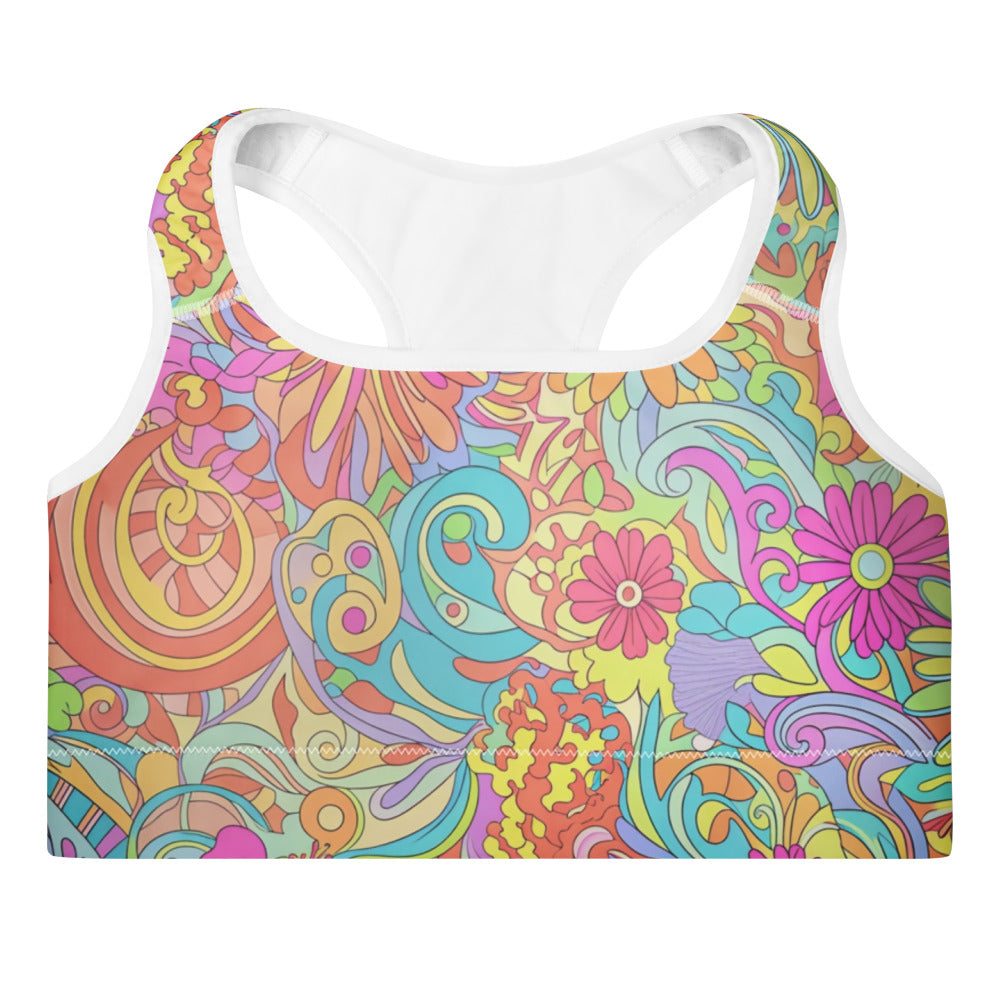 Vibrant Retro Floral Sports Bra – Psychedelic Flower Pattern Sports Bra | Moisture-Wicking Fabric | Padded Sports Bra
