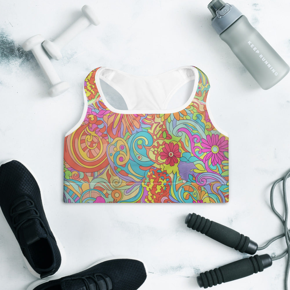 Vibrant Retro Floral Sports Bra – Psychedelic Flower Pattern Sports Bra | Moisture-Wicking Fabric | Padded Sports Bra