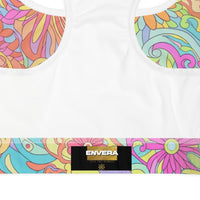 Women's psychedelic floral sports bra with vibrant multicolor flower print and athletic fit