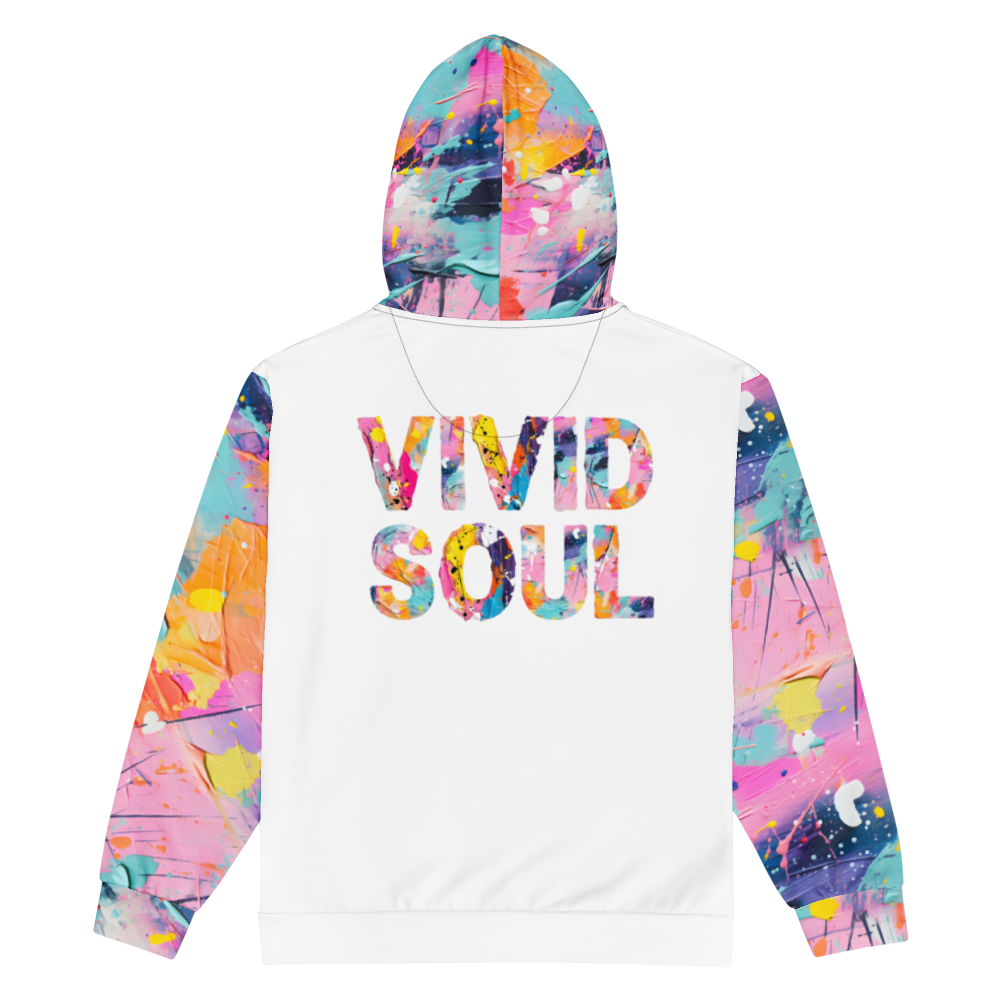 VIVID SOUL paint splatter hoodie with zipper and back print - colorful streetwear for bold personalities | Vibrant Unisex Hoodie