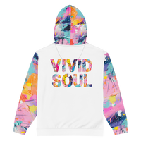 Colorful unisex zip hoodie featuring a vibrant abstract paint splatter design and bold back print