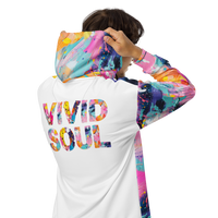 Colorful unisex zip hoodie featuring a vibrant abstract paint splatter design and bold back print