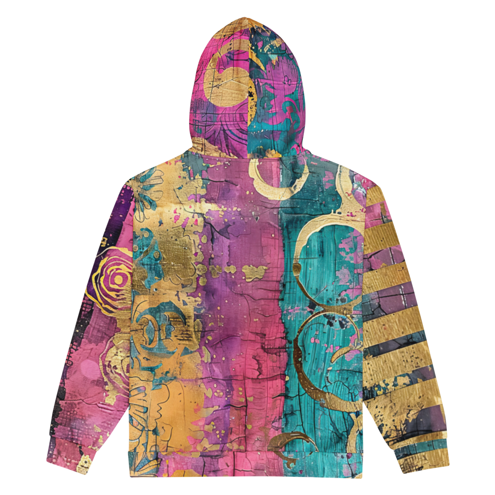 Vibrant abstract unisex zip hoodie with gold accents, colorful streetwear hoodie, bold art hoodie, graphic hoodie, vivid fashion