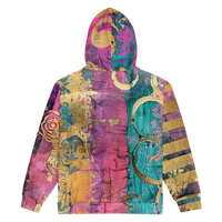 Artistic unisex full-zip hoodie with vibrant abstract pattern, ornamental swirls, and metallic gold details