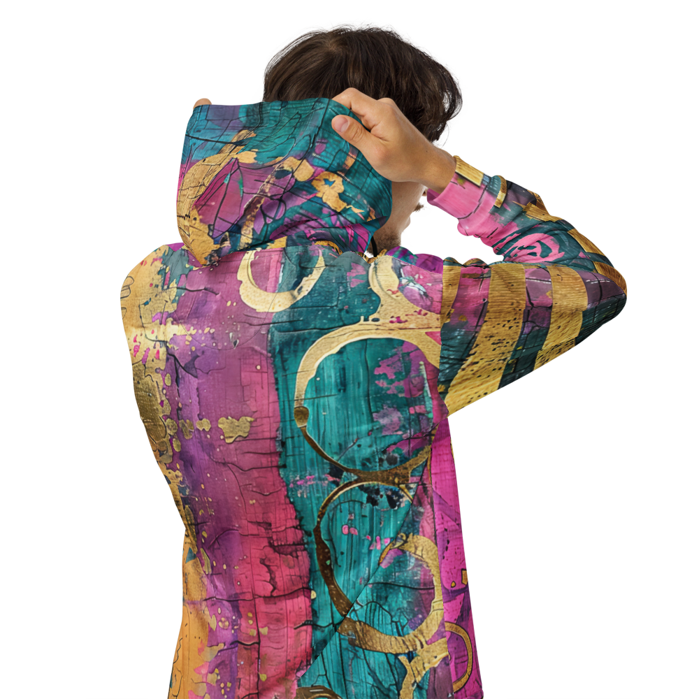 Vibrant abstract unisex zip hoodie with gold accents, colorful streetwear hoodie, bold art hoodie, graphic hoodie, vivid fashion