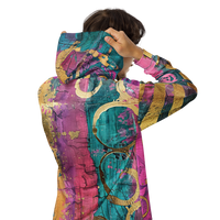 Artistic unisex full-zip hoodie with vibrant abstract pattern, ornamental swirls, and metallic gold details