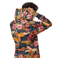 Colorful floral zip hoodie with abstract camouflage pattern and vibrant botanical graphics for men and women
