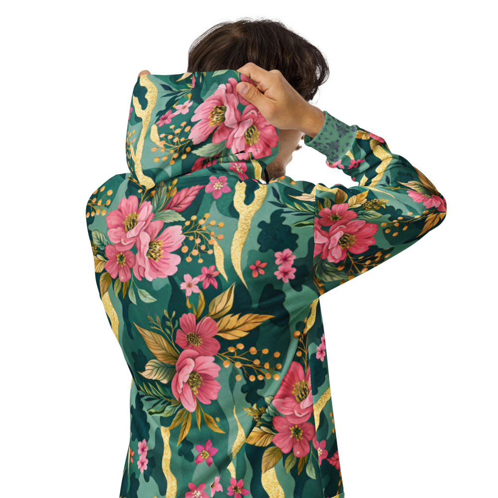 VIBRANT REBEL floral camouflage unisex zip hoodie with pink blossoms, deep green botanical camo pattern, and elegant gold accents