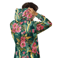 VIBRANT REBEL floral camouflage unisex zip hoodie with pink blossoms, deep green botanical camo pattern, and elegant gold accents