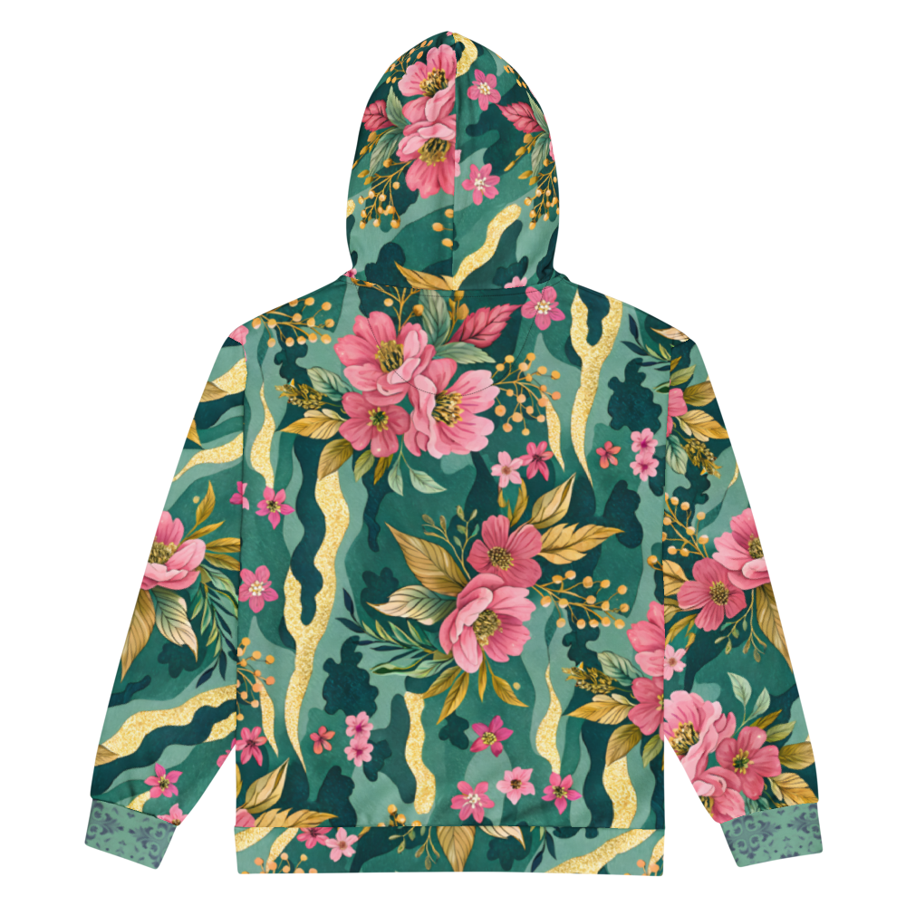 VIBRANT REBEL floral camouflage unisex zip hoodie with pink blossoms, deep green botanical camo pattern, and elegant gold accents