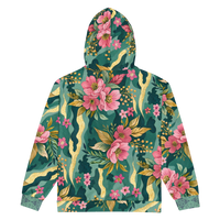 VIBRANT REBEL floral camouflage unisex zip hoodie with pink blossoms, deep green botanical camo pattern, and elegant gold accents
