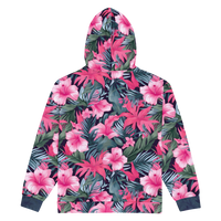 VIBRANT REBEL tropical floral zip hoodie with vibrant pink hibiscus flowers, lush green leaves, and bold botanical print