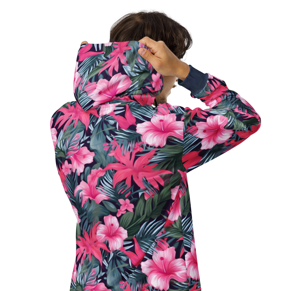 VIBRANT REBEL Tropical floral streetwear zip hoodie, vibrant all-over print, eye-catching design, standout fashion | Trendy design