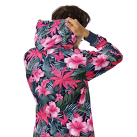 VIBRANT REBEL tropical floral zip hoodie with vibrant pink hibiscus flowers, lush green leaves, and bold botanical print