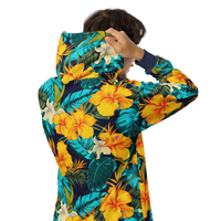 Vibrant Rebel tropical floral zip hoodie with all-over print of golden-yellow and orange hibiscus flowers and teal palm leaves