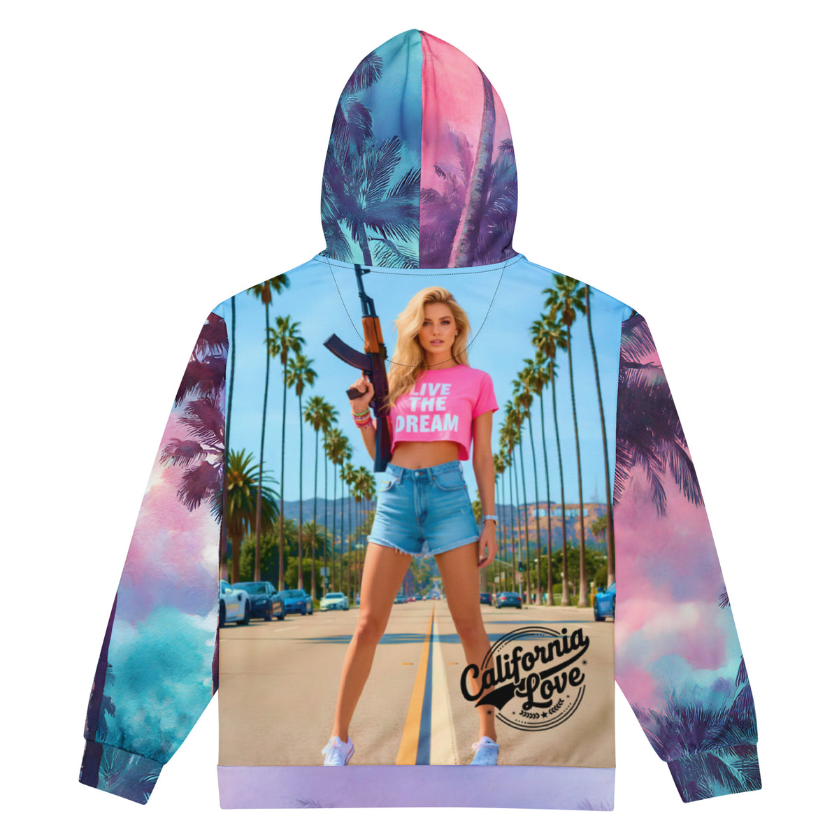 California Love unisex hoodie with vibrant palm tree artwork and colorful all-over tropical print