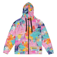 Unisex streetwear hoodie with multicolor paint splatter print and VIVID SOUL back graphic design