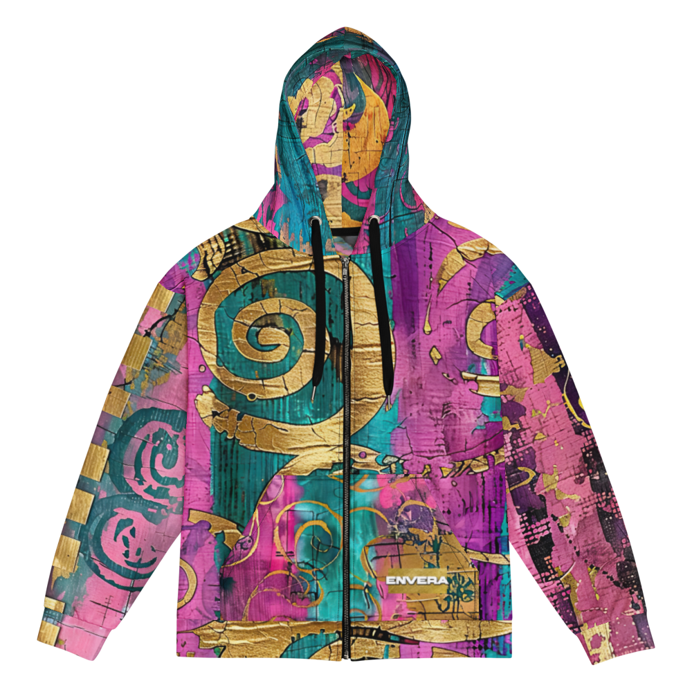 Vibrant abstract unisex zip hoodie with gold accents, colorful streetwear hoodie, bold art hoodie, graphic hoodie, vivid fashion