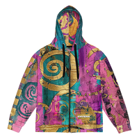 Artistic unisex full-zip hoodie with vibrant abstract pattern, ornamental swirls, and metallic gold details