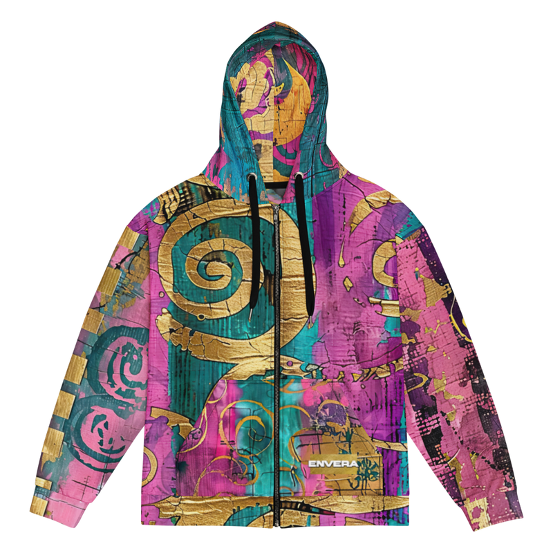 Artistic unisex full-zip hoodie with vibrant abstract pattern, ornamental swirls, and metallic gold details